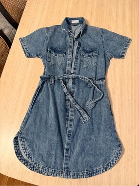 Denim Button-Front Dress with Belt - Blue